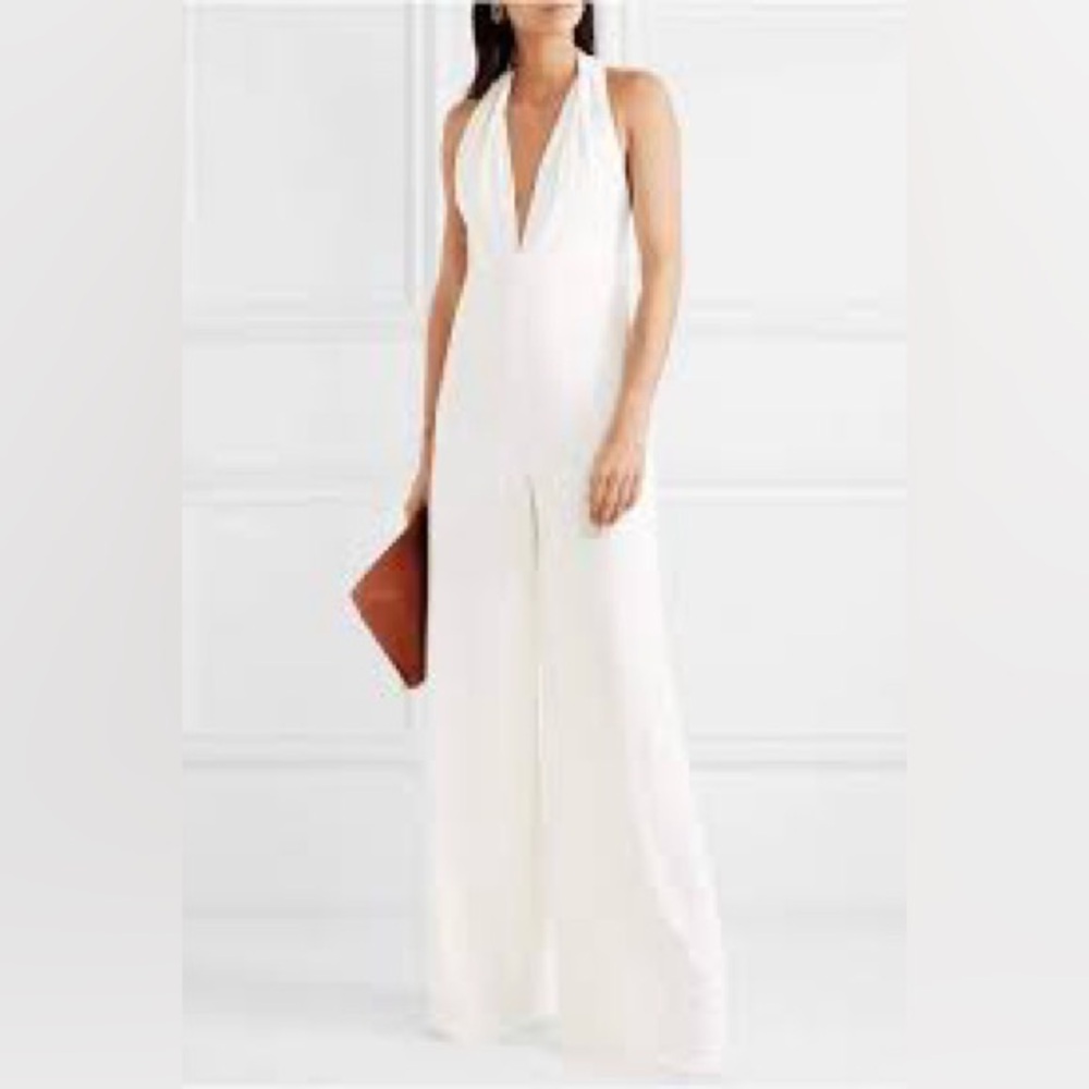 NWT Halston Heritage Halter Neck Wide Leg Cady Crepe Jumpsuit Chalk Size 6